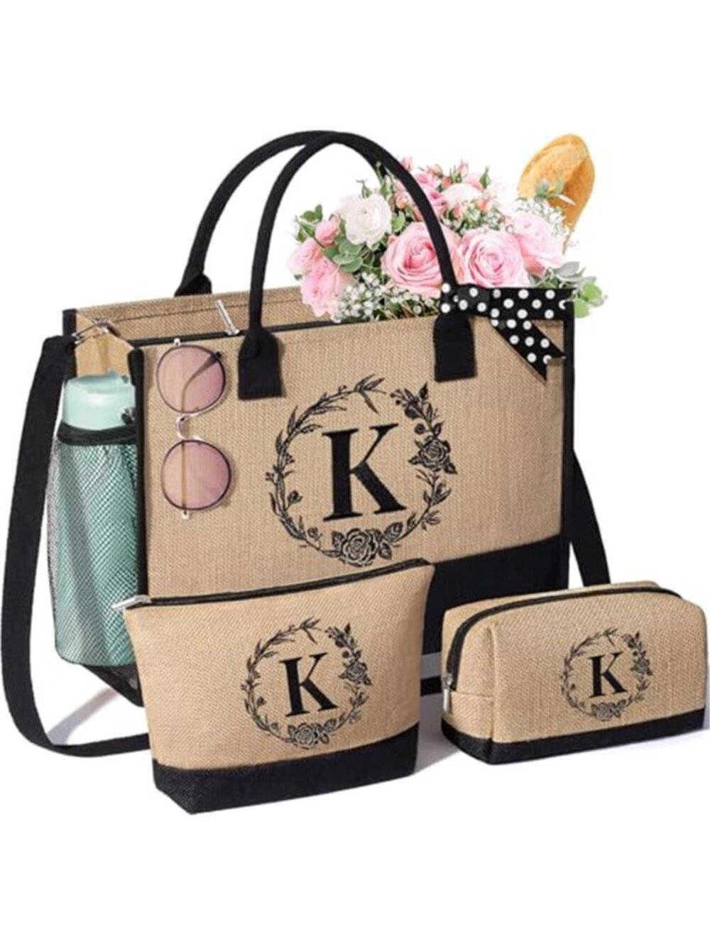 Personalized Gifts for Women Tote Bag Initial Jute Tote Bag & Makeup Bags